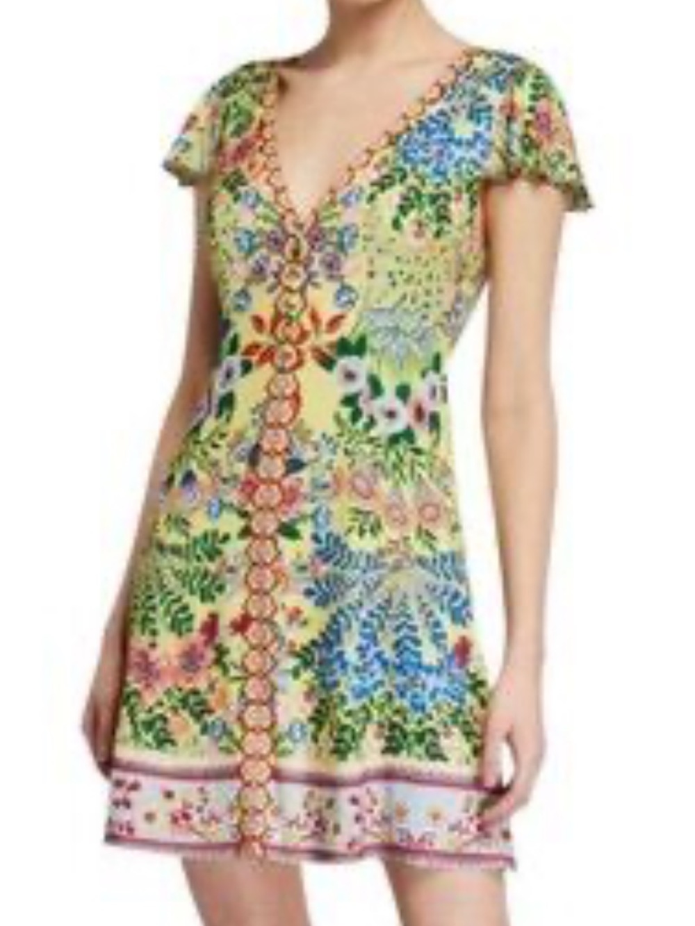 Alice + Olivia Yellow Botanical V-Neck Mini Dress